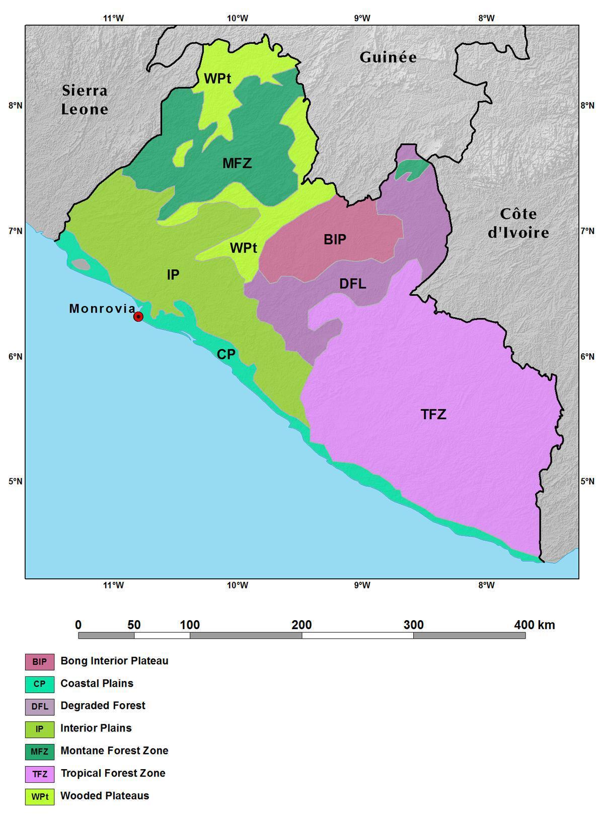 mappa della Liberia montagne